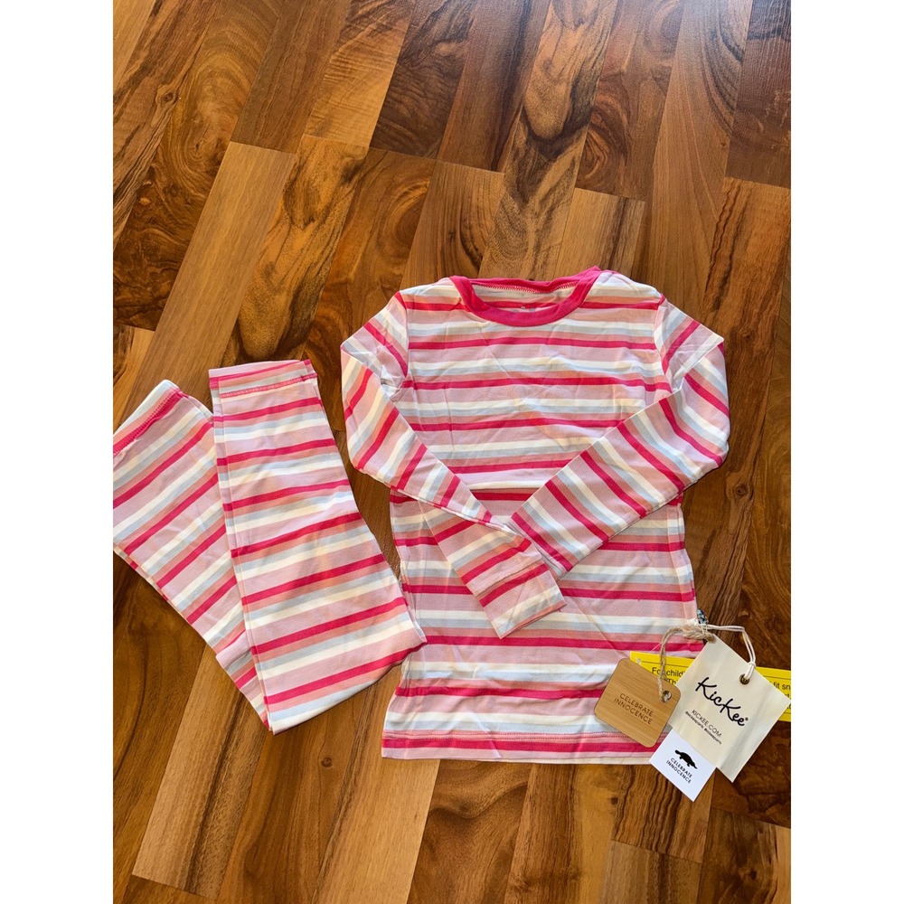 KicKee‎ Pants Pajama Set Girls Size 6 Pink Multi Stripe NEW Bamboo Long Sleeve